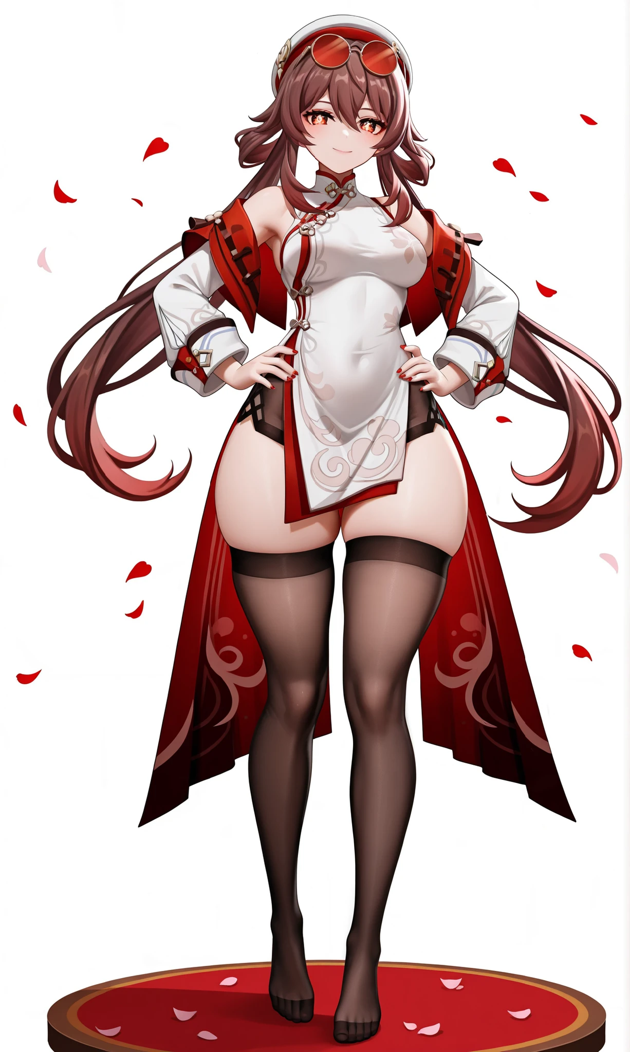 (big breasts, huge breasts, gigantic breasts), SFW, (long ((red hair))), (nurse clothes), curvy, firm breasts, sexy pose, big legs, exposed legs, thick thighs, sexy thighs, thin waist, small waist, perfect figure, full body, high heels