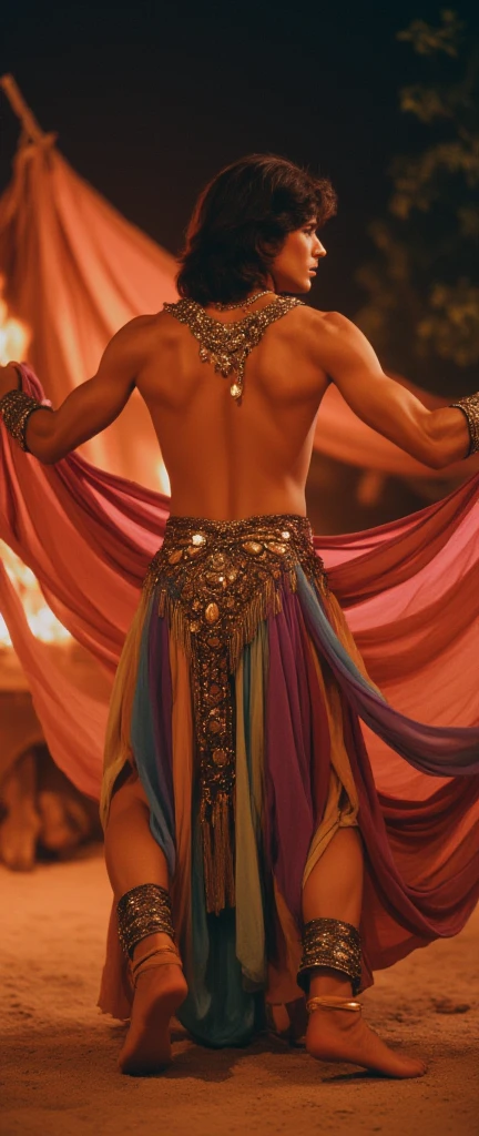 masterpiece, high quality, best quality, beautiful, hd, Illustration, perfect lighting, detailed face, detailed body, 1 man, solo, black short hair, blue eyes, brown skin, Belly dancer's costume is gold and black, Castle background, Belly Dancer Boy, Sissy boy, Graceful, Looks charming