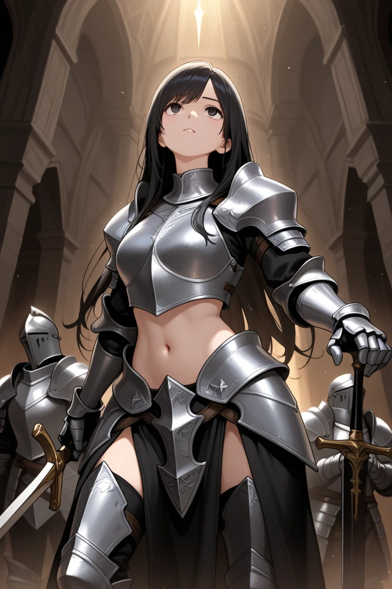 Only One Woman、Black Hair、Long Hair、Large Breasts、female knight、（Wearing black armor、Wearing stockings、garter belt）、(((Incontinent))), (((Peeing))), (((Peeing on your own))), (Pee drips from the crotch), Pee stains, (puddle), In front of the crowd、（squat、Spread your legs、Show your crotch）、（Humiliated、Embarrassing）