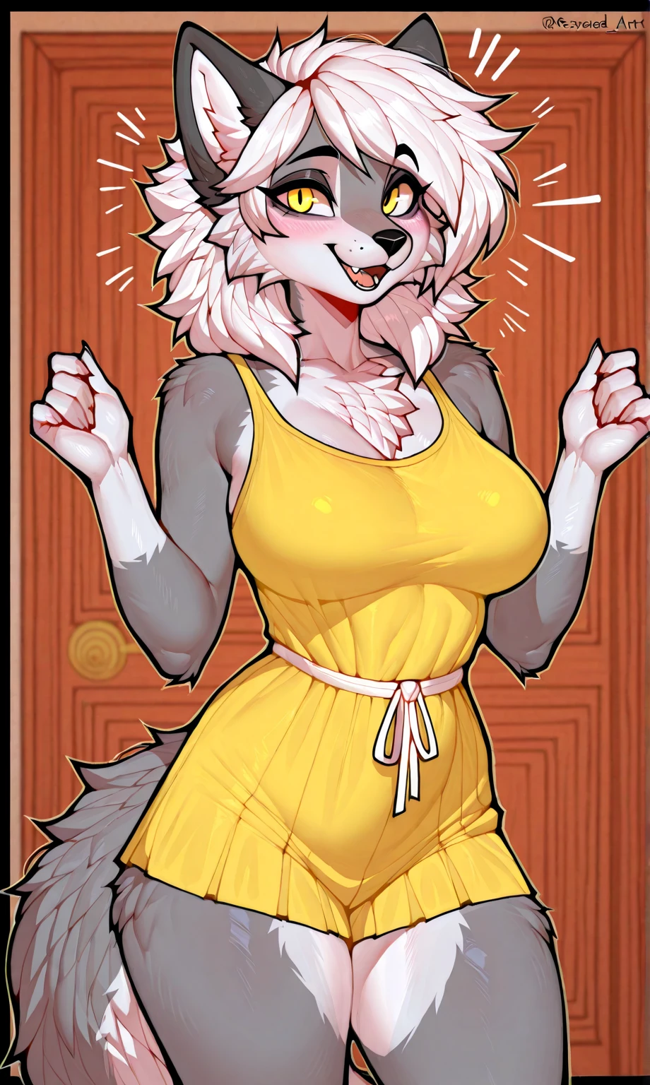 Excited expression, 1girl, anthro, furry, fur, fluffy fur, flareon girl, yellow hair (red highlights), white eyes, short hair, Messy hair, (19 years),large breast, thicc thighs, solo, (bedroom, mansion), sunset, detailed, smug smile, wearing a thong, cleaning, score_9, score_8_up, score_7_up, score_6_up, score_5_up, score_4_up, futanari bulge, nipple bulge, cumming, white swimsuit