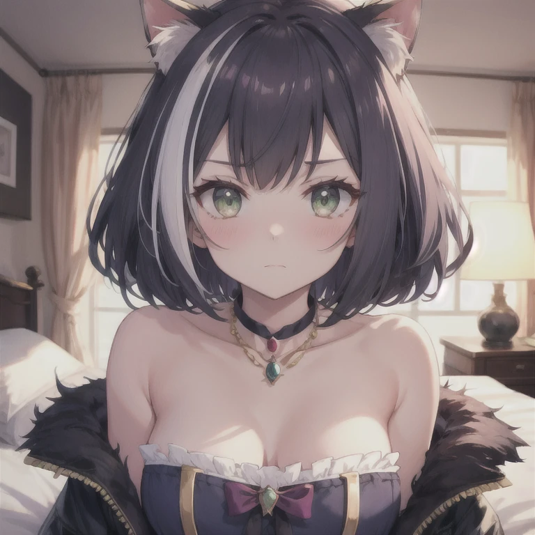 Watching the audience, 1 person、girl, Open your mouth, smile, Virtual YouTuber、((Highest quality, expensive_solve, Clear_image)),(Black Hair), (Black cat ears), (Ahoge), (Ridiculously short hair), (Wavy Hair), (blue eyes)、Very large breasts,Wearing a dress、With a gun、Condescending face、Lay down、