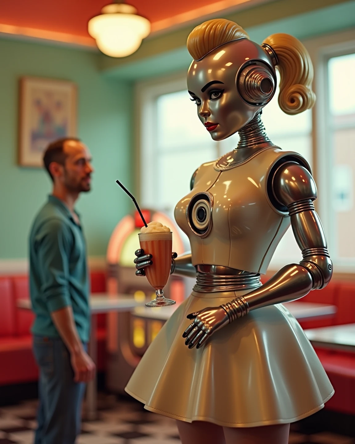 blond woman in gold dress sitting at a table with a glass of wine, the man with robot head, still from a wes anderson film, futuristic sunglasses, 1 9 6 0 s space girl, 2014, dollpunk, by Francis Bourgeois, still image from the movie, berets, laika, anthropomorphic _ humanoid, fetish --auto --s2