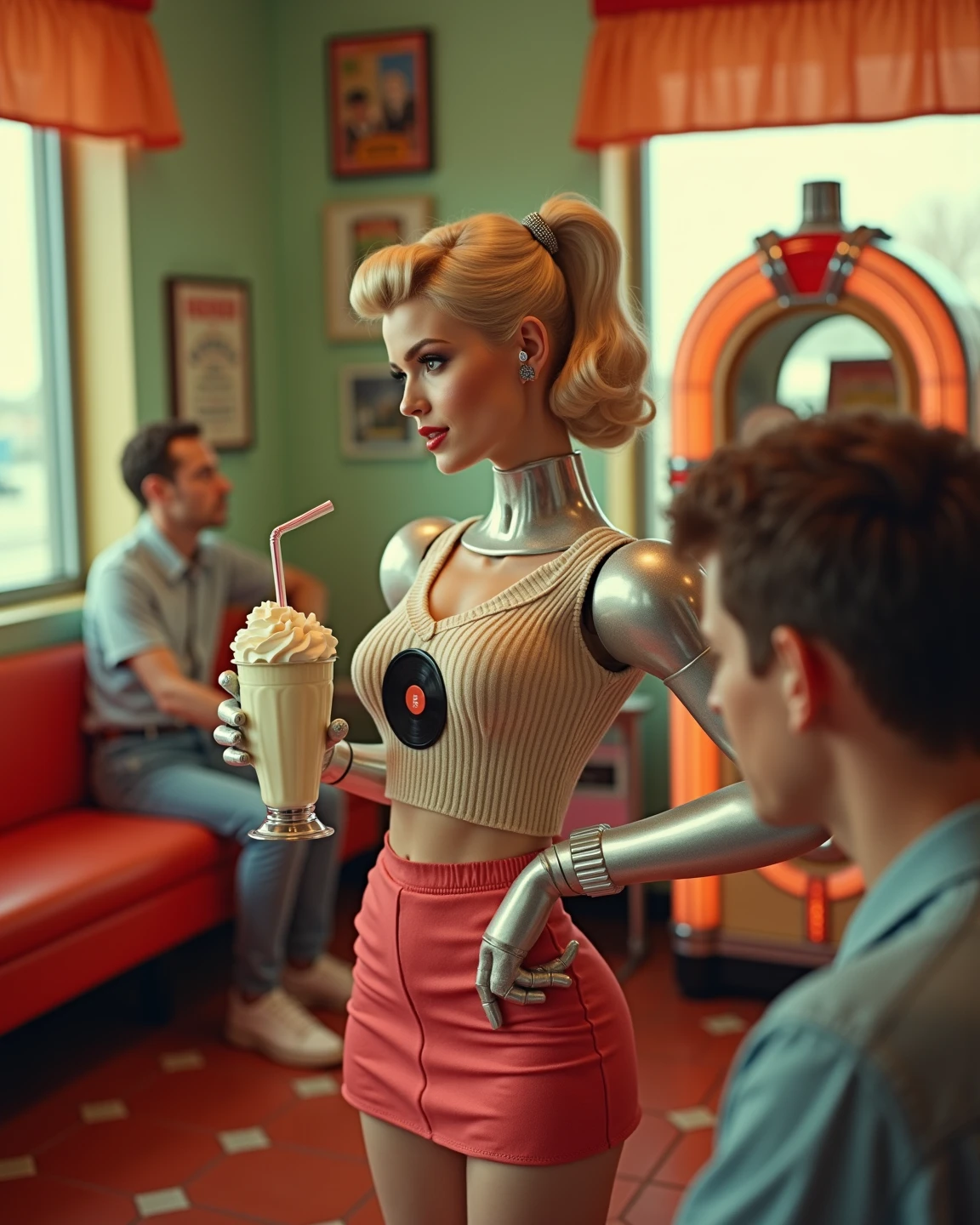 blond woman in orange dress sitting on a couch with a dog, 1 9 7 0 science fiction movie, the jewelpunk aesthetic, electronic bikini, polish mansion kitchen, still image from the movie, by Pierre Laffillé, server in the middle, giant speakers, french girl --auto --s2