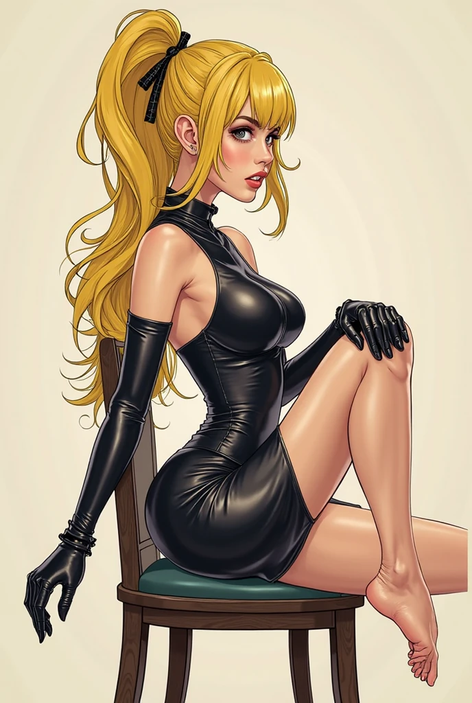 black pencil skirt, black long sleeve top, only the navel,Put your hands behind your back,restraints, blonde hair, Very long hair, straight hair, Cute, slender body, thin legs, Black thigh high stockings, Nylon stockings, hands in black leather handcuffs, hands, Connected by a chain, amrs togather, masochistic, whole body, on the knees, leather handcuffs, tattoo on the legs, large collar around the neck, 18 years, long eyelashes, mascara, cute face, Older, top to bottom bottom to top, hands behind your back, on the knees, submissive look, on a leash, bent over