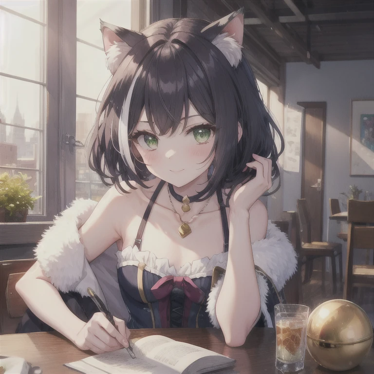 ((beste-Qualit))、((a masterpiece of))、((ultra-definition))、(illustratio)、(Fine light)、(Extremely delicate and beautiful)、(((独奏)))、1 girl in、(((beautiful a girl)))、opened mouth、Tremendous smile、(dark-haired), (Black cat ears), (Ahoge), (absurdly short hair), (Maeby Hair), (Blue eyes),Background PC sat at desk、mideum breasts、fullllbody、Wearing earphones、
