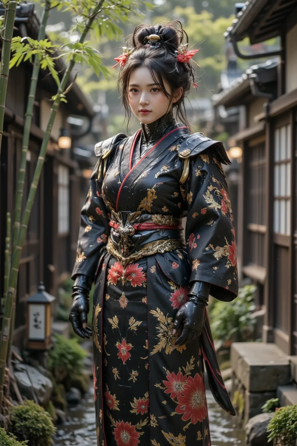 4K Fantasy style, digital drawing mode, Samurai-themed female character, brown hair with copper highlights, determined green eyes, wearing a kimono-inspired outfit with gears and cogs, holding a katana with a steam-powered mechanism, background of a Bamboo forest with Full moon, pale skin, short hair, red lips, focused eyes, full body, dynamic pose, life size, perfect anatomy, detailed metal and fabric texture, full HD, 4K, HDR, depth of field."