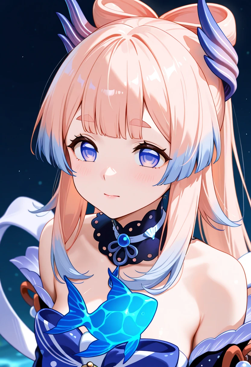 1girl, bangs, bare shoulders, breasts, choker, cleavage,hair ornament,((blue coral hair ornament)), gradient hair, pink hair, blue hair,long hair, pink lips, large breasts, smile, solo, very long hair, blue eyes,(highest quality:1.3),(portrait),(sleeveless), close up,lake,outdoors,waterfall, mountains,depth of field,lens flare,(hair bow), crossed arms,(good hands), bare arms, lens flare.sun beams, navel,