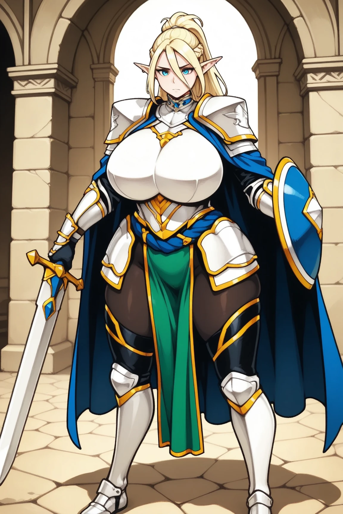 Masterpiece, (flat black background:1.2) solo, detailed face, intricate iris, thick lips, robot girl, (gold and white skin), realistic illustration of a (cyborg girl), (RED eyes), IvoryGoldAI, (freckles),(holding BREATHTAKING:1.2), (gold and white armor:1.2), (looking at viewer:1.2), parted lips, standing straight symmetrical, looking at viewer, lustful smirking smile face red blushed red cheeks, thick thighs, thigh highs, thigh, boots, armor, armored boots, full body armor, bikini armor, big breastplate, pauldron, bracers, leather black choker, tiger claws gloves, short bob white haircut, helmeted, metal shoulders, red long loincloth, longest blue cape reach to the waist, shackles and chains wristbands