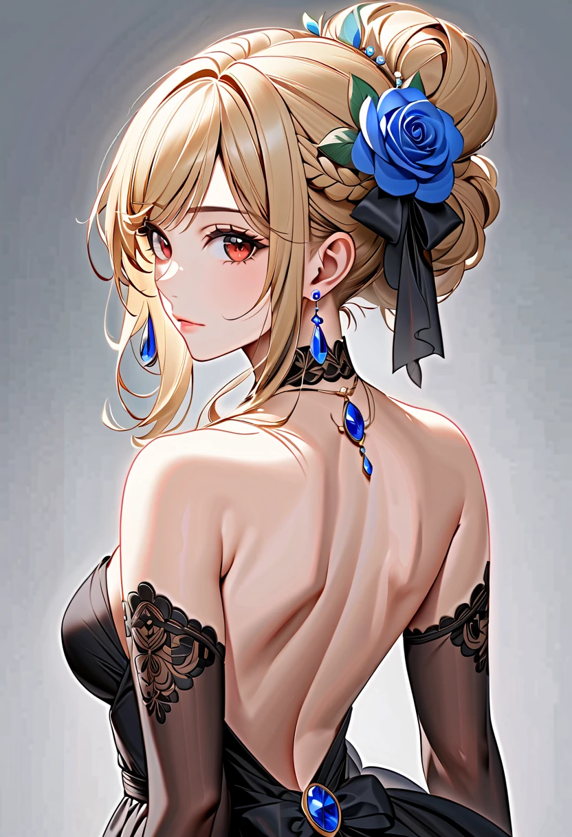 score_9, score_8_up, score_7_up, score_6_up, score_5_up, score_4_up, anime screencap, best quality, masterpiece, 1 female, mature female, perfect ???????, dress, solo, blonde hair, red eyes, hair ornament, jewelry, earrings, black dress, hair flower, flower, looking back, looking at viewer, breasts, from behind, braid, blue flower, back, grey background, bare shoulders, simple background, sidelocks, detached sleeves, bow, gloves, medium breasts, elbow gloves, hair bun, backless outfit, black bow, necklace, backless dress, closed mouth, rose, single hair bun, shoulder blades, strapless dress, upper body, rating_explicit,