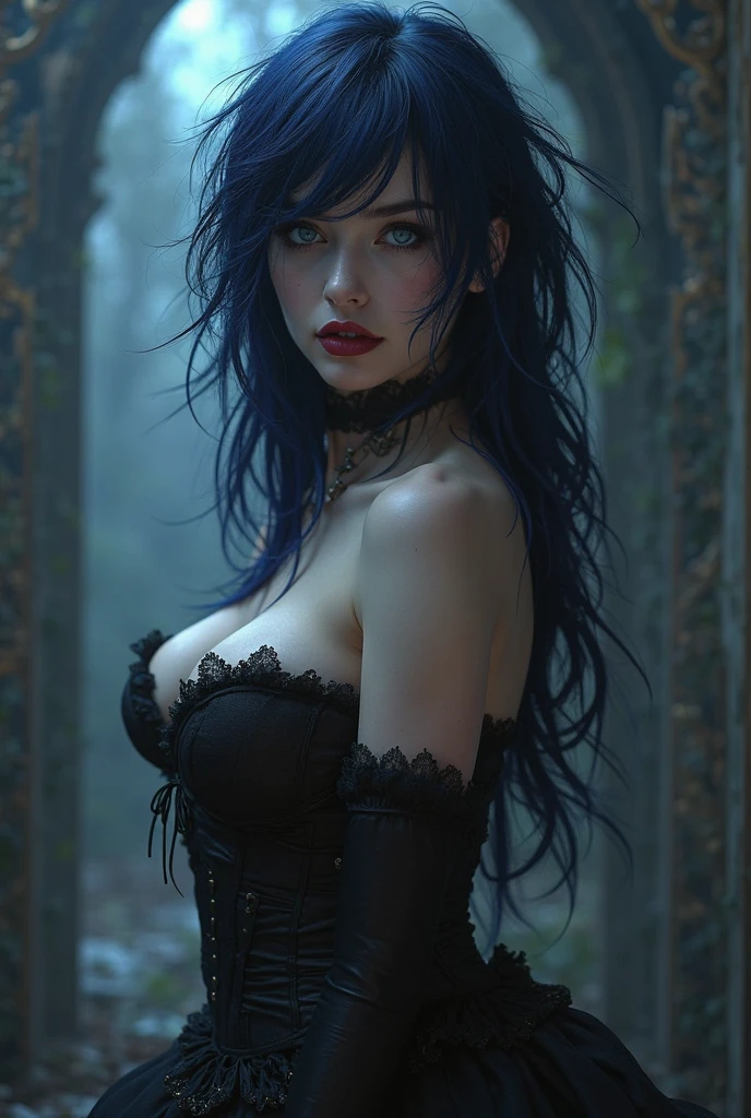 gothic woman, green eyes, blue and black hair, big breasts