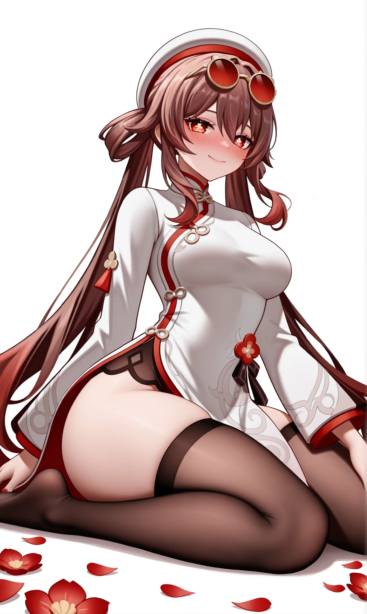 tmasterpiece,Need,1girl,hu tao(the original god),Bou Tao,Hats,red - eyed,dual horsetail,A brown-haired,独奏,symbol-shaped pupils,long whitr hair,By bangs,Black shorts,Hanfu,,semi-bare,Sexy big ass,Fiddling with sexy ass,Expose sexy breasts,Big breasts that expose the ,Protruding anteriorly and posteriorly,gigantic cleavage breasts,