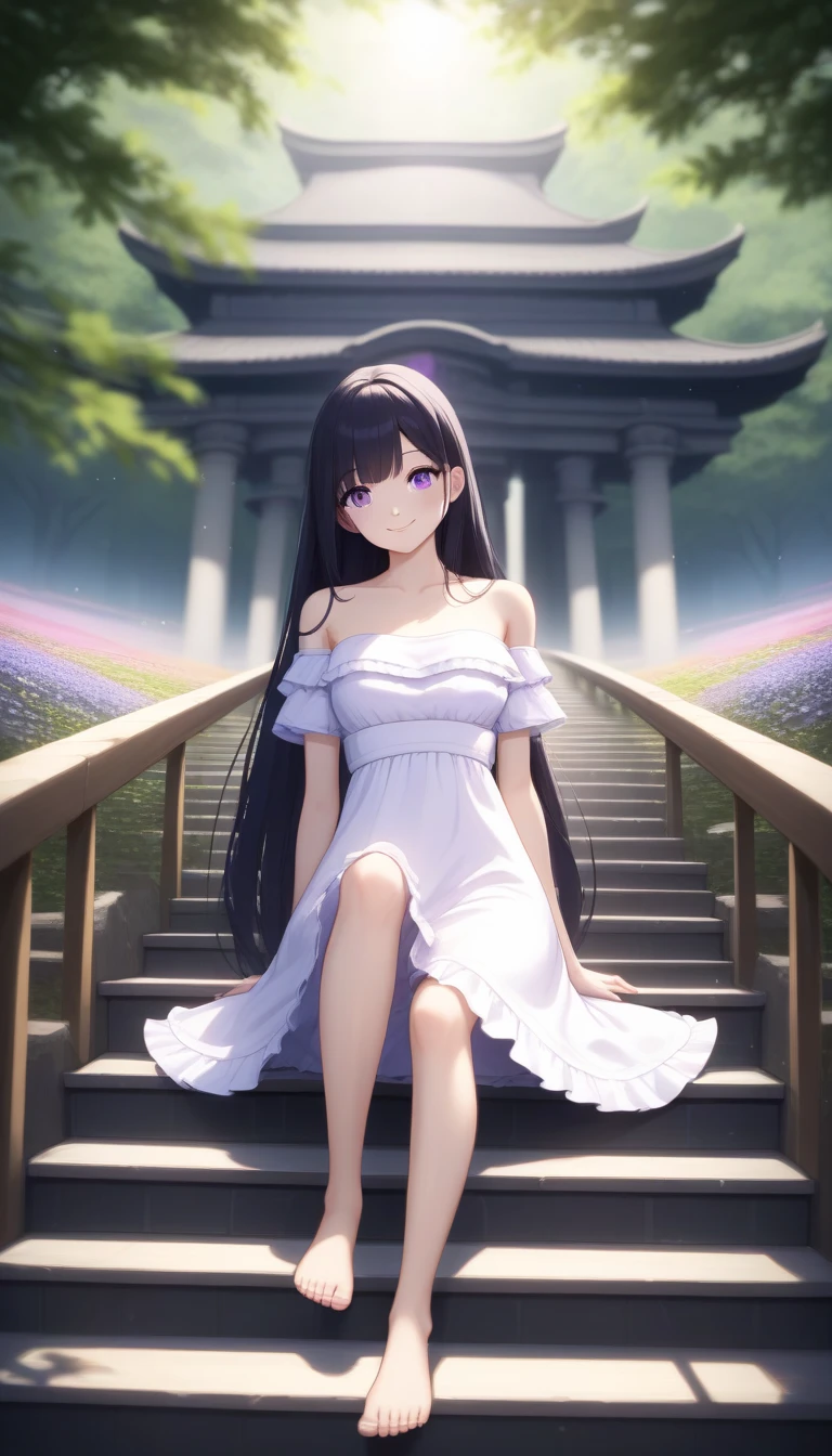 bofuri-kasumi, wooldress hat, black hair, long hair, hime cut, black eyes, hair ornament, medium breasts, collarbone, full body, solo, 1girl, outdoors <lora:bofuri-kasumi-000003:0.7>