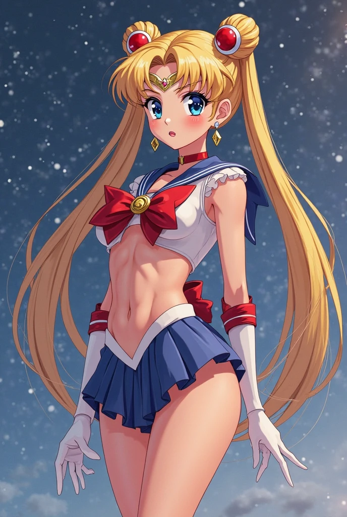 the sailor moon, Sailor Moon style, Beautiful,  moon princess, blond-haired princess, portrait of magical girl, Kei from The Dirty Pair, , wearing a tight outfit, skimpy, medium breast, red hair beauty, cyberpunk city background, holding retro space-gun, headband, slim waist, slim thighs, thigh gap