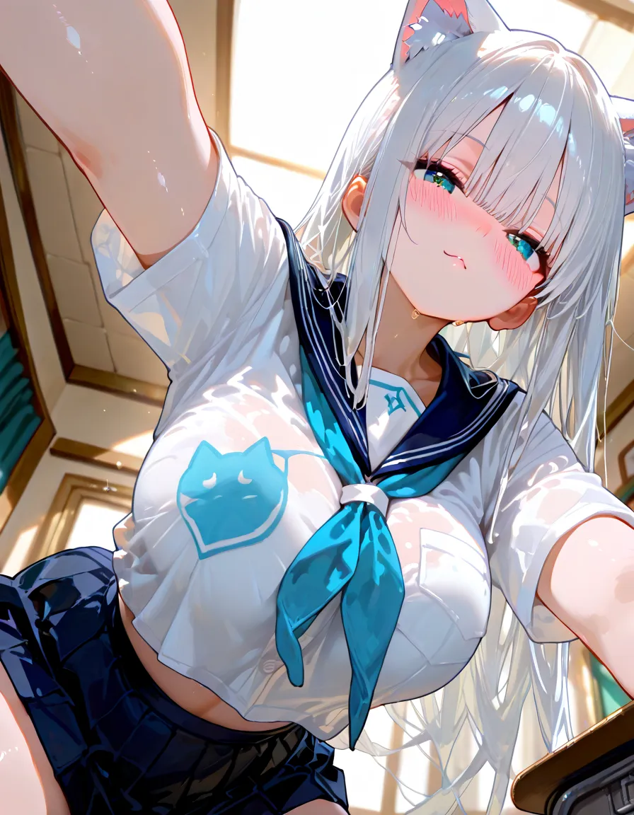 (1girl, shimakaze \(kancolle\), kantai collection), (goblin slayer!), (throw_hand, pink vibrator remote switch in throw_hand, throw:1.2), Highest quality, Super detailed, masterpiece, Ultra-high resolution, 8K, Ridiculous, Cowboy Shooting, Blurred, Focus on the girl, Embarrassing, blush, Lovely, Open your mouth, What saliva leaves behind, Wet skirt hem, (Sticky panties:1.1), Bulging of the vibrator cord, Vibrator with Garters, (cleavage), Classroom Background, The skirt is accidentally exposed,(large breasts), (crop top navel), (waist line), Accidentally exposed panties