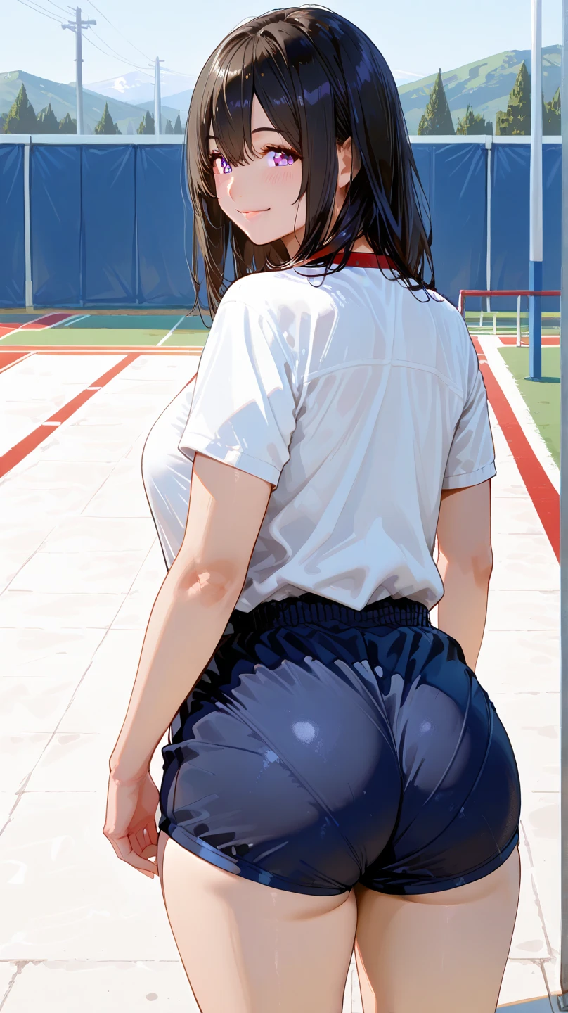 A beautiful woman with a mature face, her long mauve-purple hair tied into a ponytail with a pale pink ribbon, is standing there wearing white gym clothes and navy blue bloomers shaped like panties.。school playground。