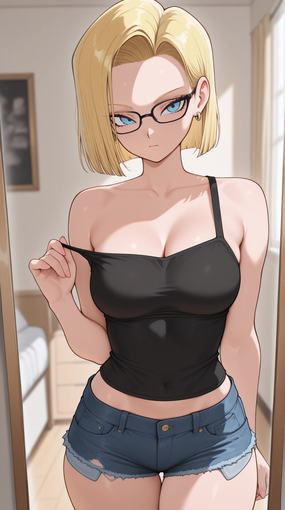 1 mature old lady,tank top,shorts,blue eyes, blonde hair, ((detailed eyes)),(look at the viewer),hand on waist,(zoom in face), breasts,think thighs, wearing glasses,blushes, kneeling.