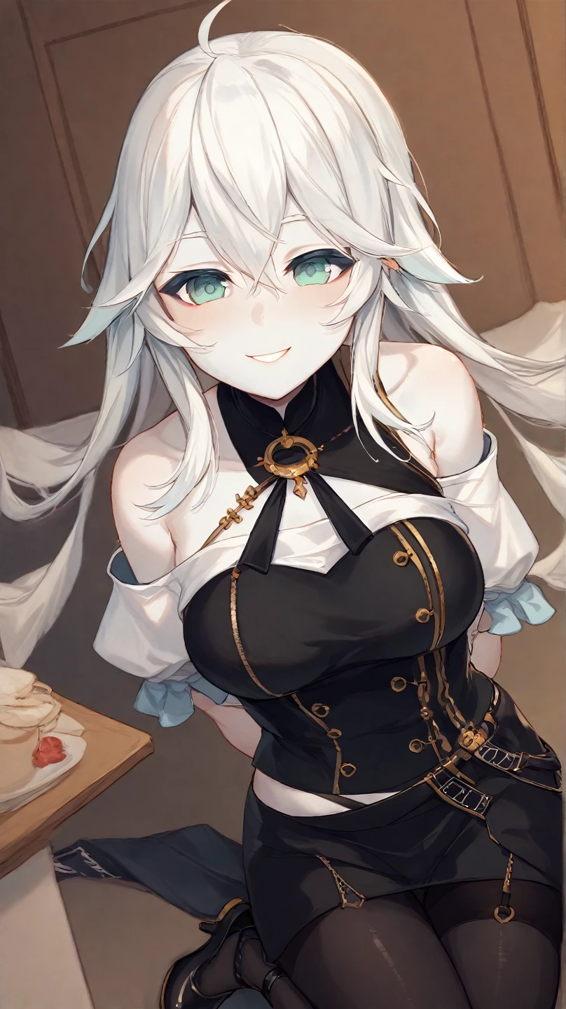 Long Hair, , blush, smile, Silver Hair, hair,, Part your lips, First Person View, tachi-e, Anime Style, masterpiece　whole body