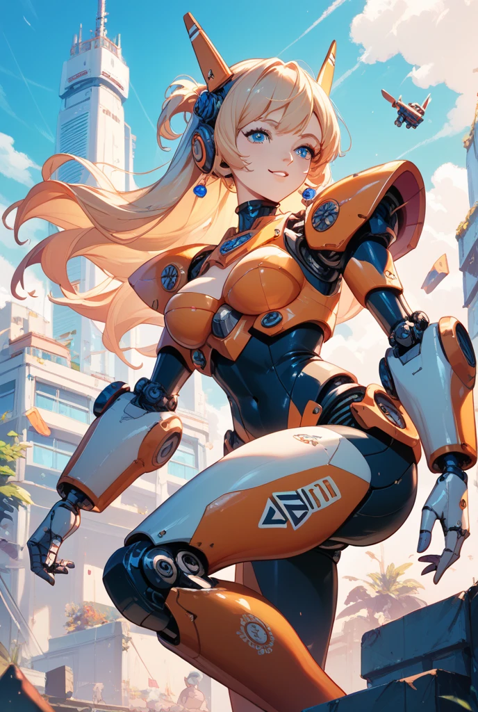 Smiling girl in a revealing see-through mechanical micro bikini in yellow and orange with shiny wet skin,Gal-like ponytail,Fully transparent glass texture micro bikini armor,水色ライトの透明なMechanical Armor,(Highest quality),(8k),Mechanical Armor,Show all,(Thinly visible genitals),Accentuated breasts,Mechanical firearms equipment,Eyebrows rise,Bullish expression,Blonde,Don't blush,Laugh with your mouth closed,Standing on a white floor,White background,(Show the whole body),View your viewers