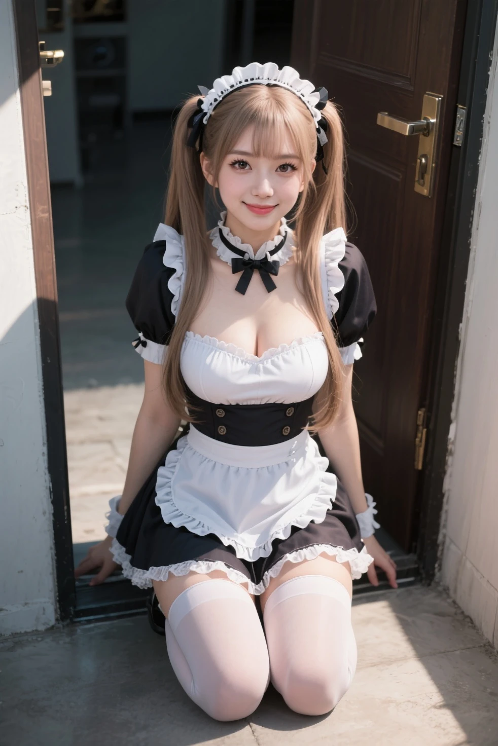 Beauty, high quality, Complete, In detail, High resolution, 8k wallpaper, whole body, Perfect dynamic composition, Beautiful attention to detail, Random sexy poses, large breasts, Charm, Alluring, 20 year's old, round face, hair band, cat ear hair band, maid, smile, cute girl's room