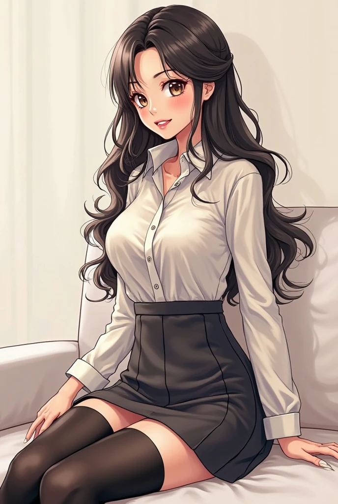 ((super high quality,Ultra-high resolution,4K,8k,super masterpiece,Ultra HD ,Detailed shading)),Top-down angle,Looking at the camera,The living room bathed in morning sunlight,Full body photo,A sexy mother is standing.,popped collar White shirts,Tight collar,Long sleeve,Show the hem,BLACK Pencil Mini Skirt,sexly,Straight black long hair,Sweep your bangs to the side,Glasses,smile,Pearl Earrings,Pearl Necklace,Engagement Rings,Clasp your hands in front of you,
