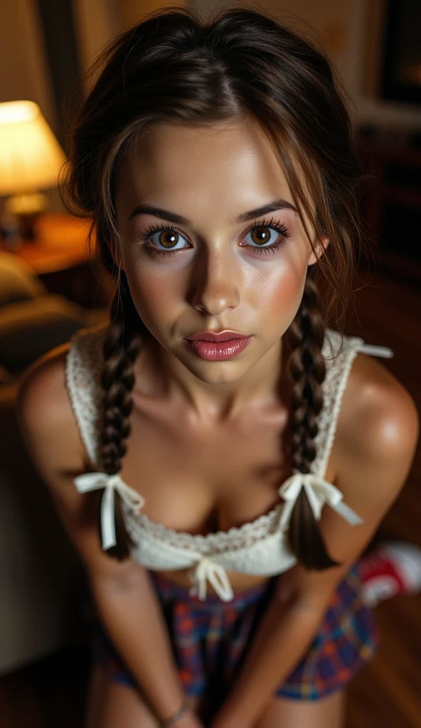 Ana de Armas, 24 years old, cute, beautiful eyes, dark brown hair, cozy, cabin, looking at viewer, serious, little tits, beautiful tits, pigtails, nightie