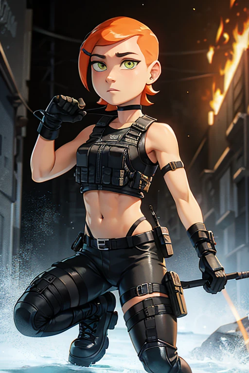 concept art, anime girl, half body seen from behind, orange red hair, dirty, survivor, with leather gloves, appropriate clothing for fighting martial arts, olive green clothing, wearing bandana on head,