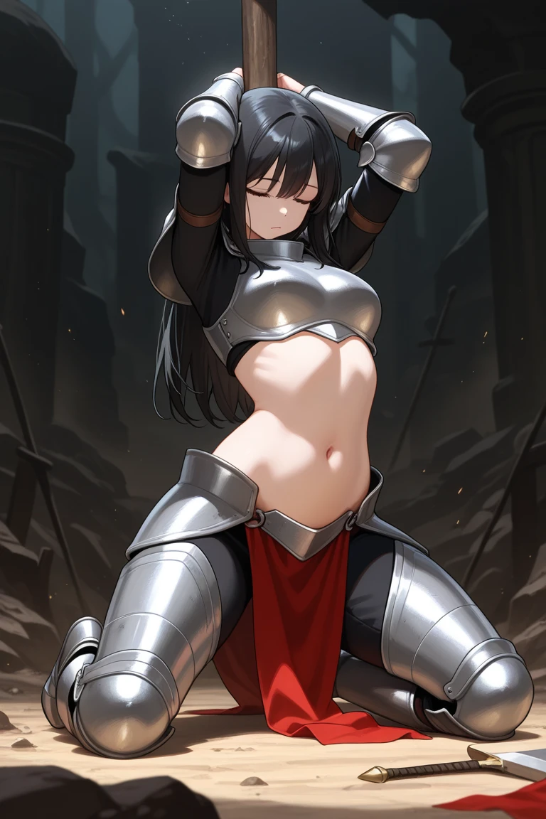 female knight Black Hair armor Torn white skirt White underwear battlefield White bra bandage Anguished expression
