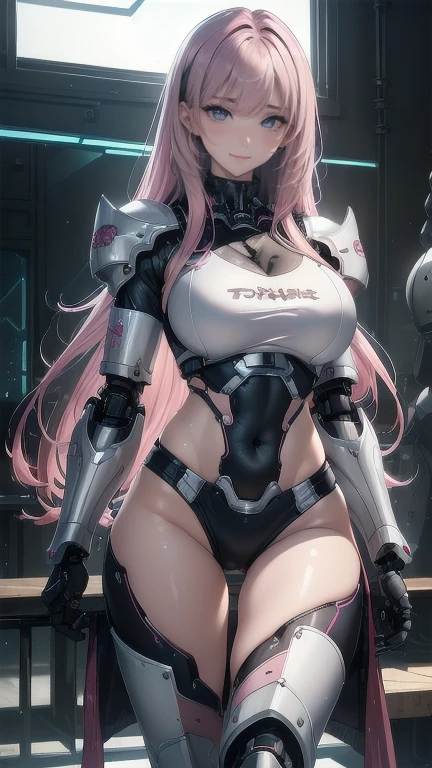 ((1 girl:1.5),(Embroidered cybernetic body:1.5),Big and ample breasts,(Me Armor:1.5)),(Best image quality, Great details, Ultra-high resolution, (realism: 1.4), Best illustrations, Favorite Details, High concentration of one person,Laughter、(in front:1.5),(dynamic:1.5),(bold:1.5)),(Thin Hair:1.8),(loose long hair、Pink Hair:1.5),(Long, flowing bangs:1.5),one eye stretch,The background is a futuristic city high tech lighting scene