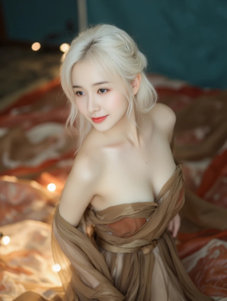 (Ultra Real), (illustration), (High resolution), (8k), (Very detailed), (Meilleure illustration), (beautiful detailed eyes), (Best quality), (super detailed), (Masterpiece), (wallpaper), (Detailed face), seulement, (pose dynamique), une fille, White wavy hair on the bed, Loss of clothing, Personne japonaise, yeux de couleur iris, (((mince, Robe de nuit petite et courte)), seins moyens, longues jambes, Meilleure balade de jambes, (sans culotte), (sans soutien-gorge)