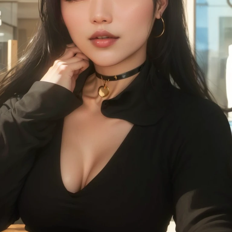 busty strict hot office lady boss, dark hair, dark makeup, red lips, wearing a light short white office dress with a deep neckline, looking tired and wet