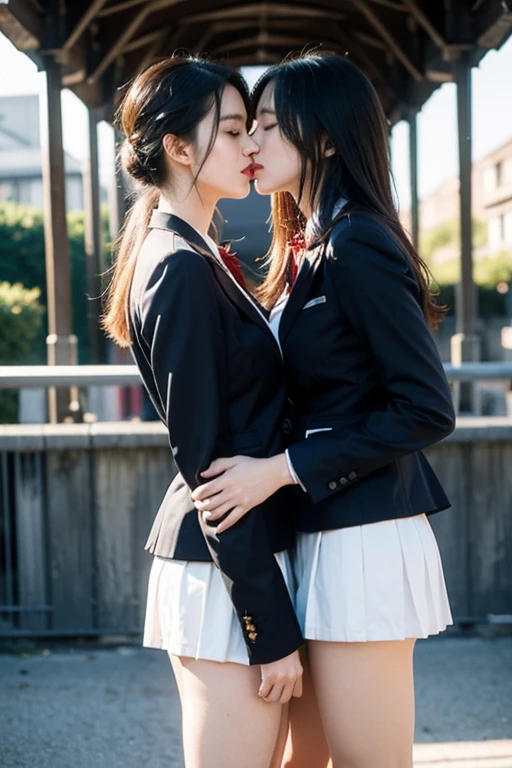 Ultra-high resolution，Professional Lighting，highest quality，masterpiece，Two girls hugging each other and kissing passionately at night by the wall behind the school building，Blue blazer and grey pleated micro mini skirt，Lesbian，white thigh high stockings，見事なBeautiful buttocks，Close ~ eyes，Body to Body，Touching each other&#39;s breasts，entangle your legs，Hug your loved one，Supermodel，Beautiful buttocks，Beautiful feet，Perfect beauty，Shiny long hair，Overflowing sex appeal，Very delicate skin texture，Browsing Caution