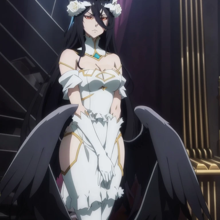 personaje de anime con alas negras sentado naked en una habitación, albedo del señor supremo del anime naked, albedo del señor supremo naked, diosa del anime naked,  albedo naked, chica anime demonio abriendo las piernas naked, naked, Between open leg