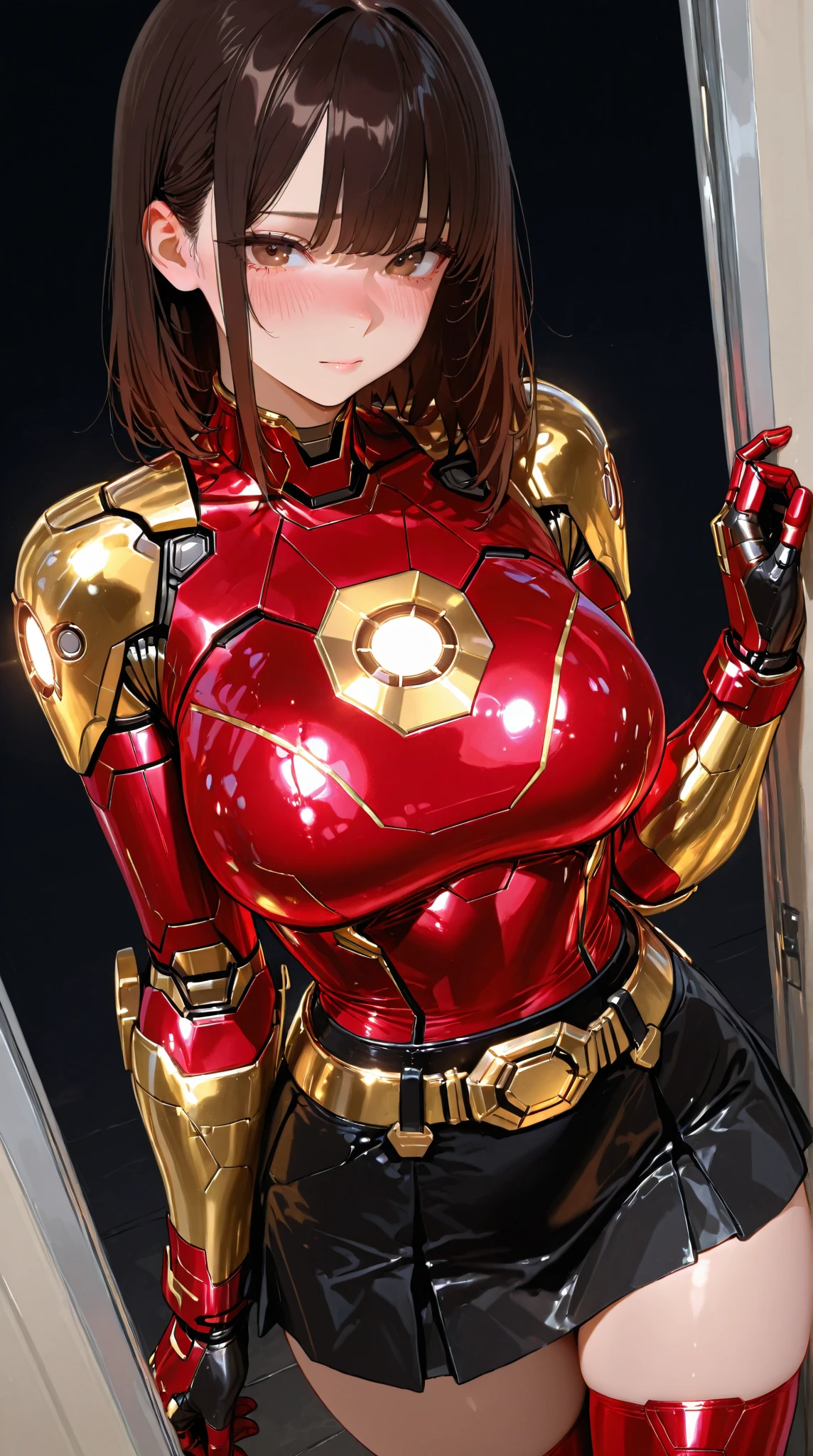 RAW, Masterpiece, Ultra Micro Photo , Best Quality, Ultra High Definition, Photorealistic, Daylight, Full Body Portrait, Stunningly Beautiful, Combat Pose, Delicate Face, Vivid Eyes, (Front View), She wears a futuristic Iron Man mech, red and yellow and green color scheme, (Iron Man destroyed on the floor), huge breasts, cleavage cutout, Detailed face, Detailed and complex busy background, Messy and gorgeous, Rich plump breasts, High Detail Skin, Realistic Skin Detail, Visible Pore, Sharp Focus, Volumemetric Fog, 8K UHD, DSLR Camera, High Quality, Film Grain, Fair Skin, Photorealism, Lomography, View from Below, Skyscraper, Translucent, djsoda