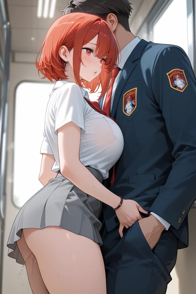 (masterpiece:1.4)、(1man:1.7),(1male people:1.9)、1girl、(man whispers to girl:1.9),(A man is touching girl's crotch:1.9)、student clothes、standing,on the train、man touching the crotch of girl、(Cute 14-year-old girl with semi-long hair and 50-year-old man with short hair),obscenity:1,2、Metamorphosis:1,2、NSFW:1,2、caress:1,2、Wrinkles between the eyebrows、Touching each other's crotches、red blush,red tie,junior high ,wite blouse,Dark blue pleated skirt、tre anatomically correct,(skinny:1.0),tikan,