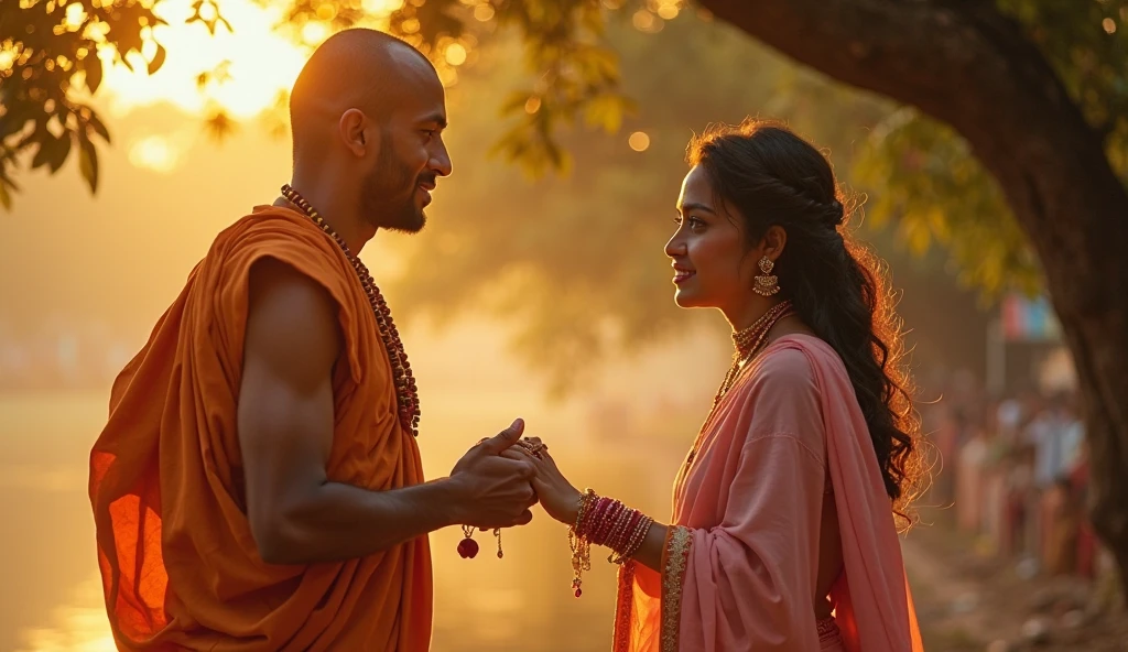Indian young girl, wearing white vest, muscular Hindu pandit,on bed, kissing,in the Hindu temple