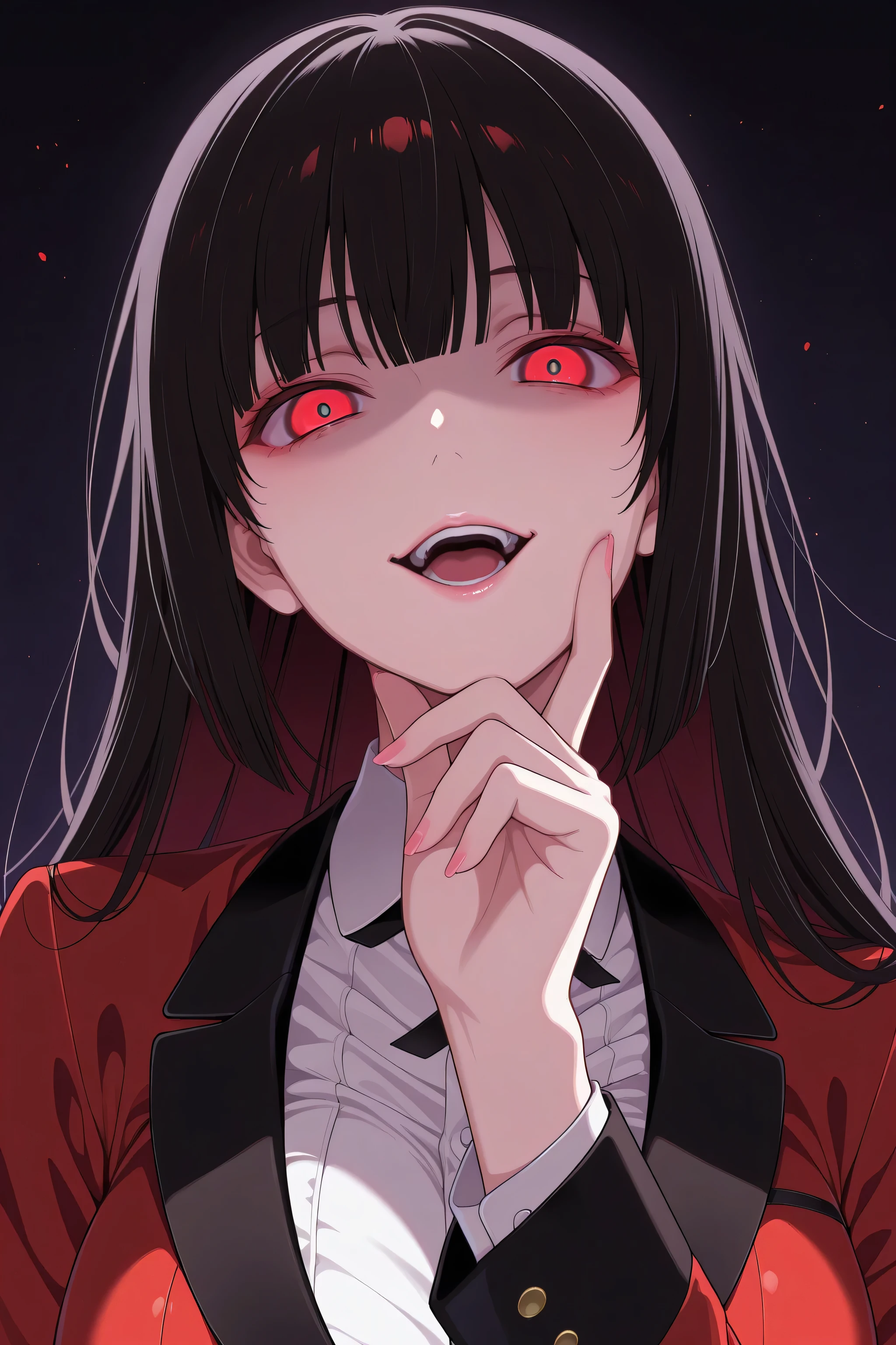 jabami yumeko ,1girl, head tilt, confident, yandere, red eyes, open mouth, playing with viewer, hand on chin, looking at viewer, viewer's perspective, slightly large breast, masterpiece, best quality