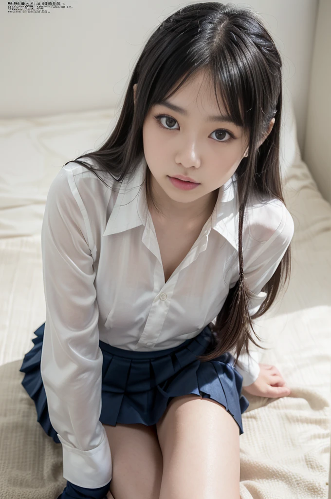 ((masterpiece, hyper quality, highly detailed)), photo realistic, realistic, (ultra high definition: 1.2), High resolution 16k, (Skin texture must be natural:1.5), (pale skin: 1.3), white skin:1.4, perfect anatomy, ((2 arms,2 legs)), detailed facial expressions, f/16,focus on the eyes, solo, ((japanese girl)), embarrassed:1.5, blush, aroused, (Lower your head and raise your hips on all fours,), (full body:1.3, shoot from below), japanese school girl, virgin pussy of japanese high school girl, detailed crotch, detailed thighs, detailed legs, Angle centered on the crotch, anatomy of pussy, (cute:1.2), (long hair:1.3), black hair, thick eyebrows, light colored iris, shining black eyes, eye reflection:1.2, tareme, long eyelashes, small, pale natural lips, (Average face of Japanese idols), ((Baby face unique to Japanese people:1.3)), (baby face:1.5), (face of japanese school girl:1.2), wide forehead:1.2, plump cheeks, small chin, body shape:1.3, slender body, thin waist, detailed , hidden feet, ((show erection of the nipples)), private parts visible through panties, (high school uniform:1.5), striped panty:1.3, camel toe, ((very soft big bed,large pillow with frills)), looking at viewer,wet panty:1.2,Masturbating:1.4, body,