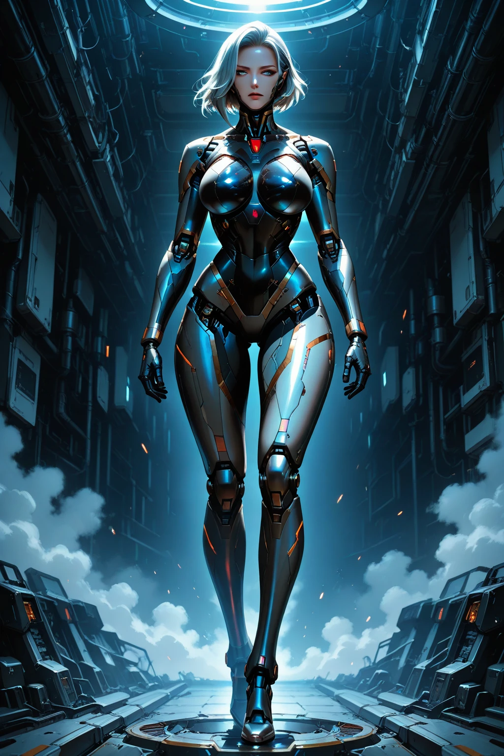8k ((full body view))((view from below:1.4)) (large eyes:1.3), defined cheekbones, looking back, ((the pit style:1.4))((sleek chrome bodysuit:1.6)) ((intricate metal details:1.4))detailed face:1.5), lightblue skin,(puffy lips:1.5) (lightblue skin:1.6), (bald woman:1.7), (skinhead) ((sexy pose)),(Muscular:1.3), ((gigantic breasts:1.5)), )highly detailed, majestic, digital photography, art by artgerm and ruan jia and greg rutkowski, ((metal shoulder pads:1.2)), (masterpiece), sidelighting, intricate details, black and blue color palette