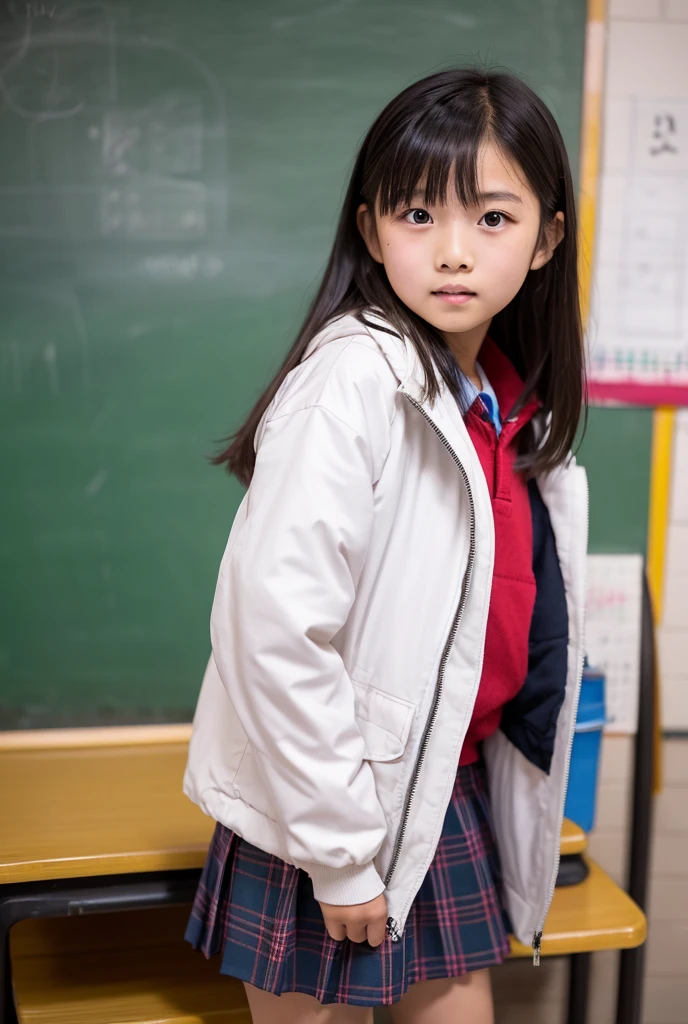A cute Asian elementary school student wearing a straitjacket

