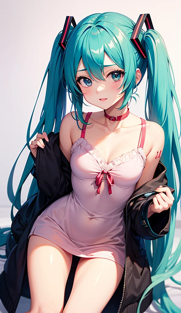One girl, blush, chest, Dress See who sees it, Thigh high socks, panties,cyan dress, shoes, Cyberpunk Hair, , smile, sneakers, alone, Spread your legs,Wet, underwear, panties