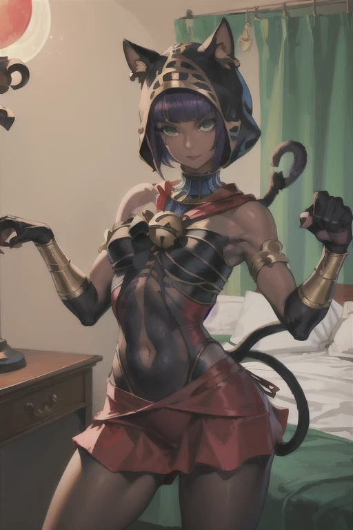 Masterpiece, best quality, absurdres, 1girl, beautiful legs, menat_holiday, light smile, dark skin, Green eyes, egyptian, bob cut, red dress, (black hood), black gloves,(shiny thighs),, , bare shoulders,sexy thighs,(((beautiful leg))),((solo)),panty shot,evil smile,from behind,back shot,ass,ass focus,close up,in bedroom,upskirt,camel toe,tail