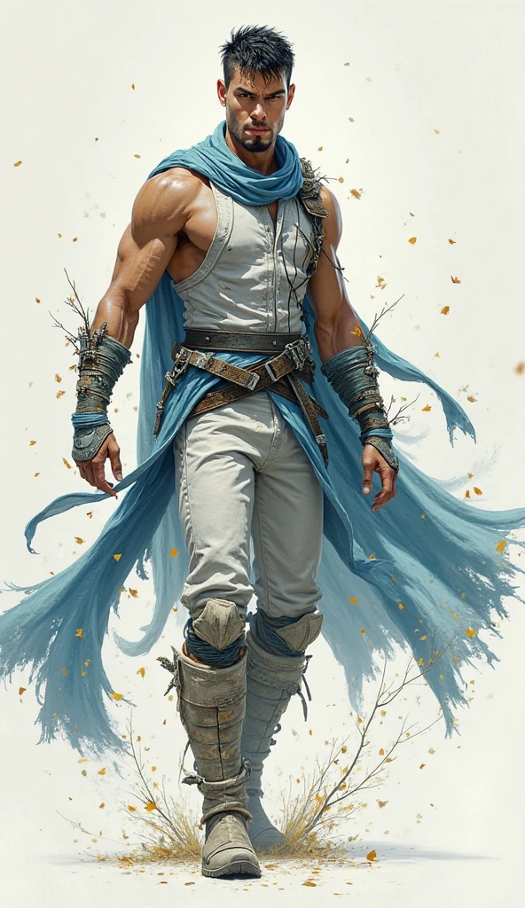 Young man, effeminate face, wizard, very short black hair, freckles, blue eyes, lots of tattoos, snake tattoo, rat tattoo, oriental pants, Japanese , oriental, desert, marble castle, blue wind magic, detailed face, detailed eyes, detailed hair, full body, desert greenery, desert plant, wind, magic wand, Arab city.