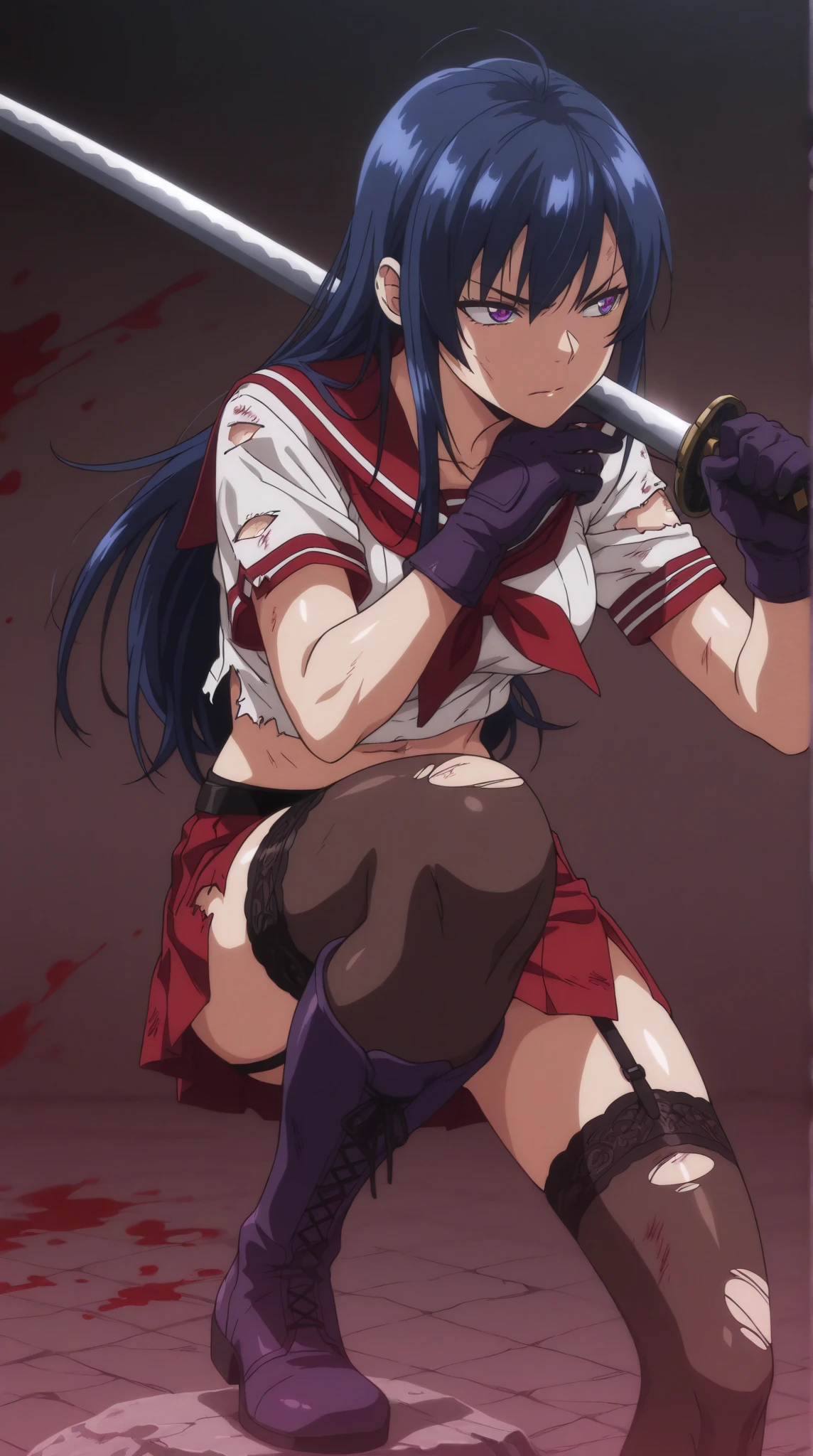 Furude rika crazy girl crazy  socks older long hair shrine maiden red hakamo red skirt cleavage breasts white shirt. stabbed blood knife crying blood on walls, wooden floor blood on ground, blood on walls