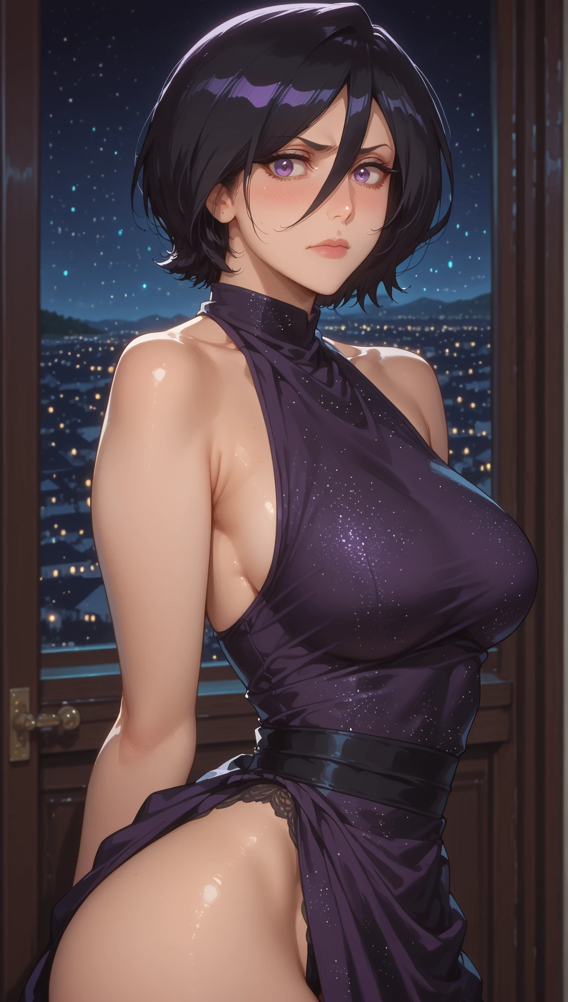 Masterpiece, highres, high Quality, detailed face, detailed body render, 1girl, solo, hyuuga hinata, hinata-sleeveless-outfit, large breasts, big breast, sleeveless shirt, fishnet top, dark lips, unzipped jacket, no bra, breasts out, nipple, standing, blushes, (on bedroom)
