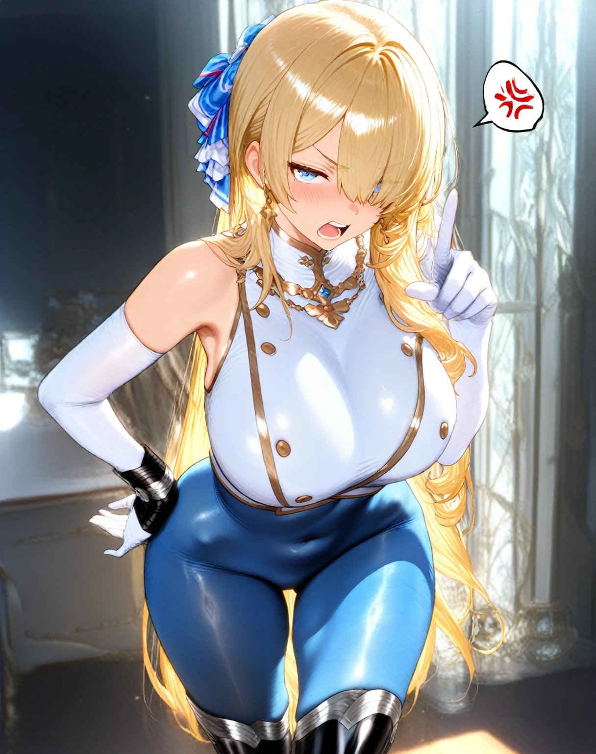 _asura style, 1girl, breasts, pantyhose, solo, official_alternate_costume, animal_ears, asuna_(bunny)_(blue_archive), asuna_(blue_archive), gloves, playboy_bunny, rabbit_ears, mole_on_breast, white_gloves, hair_over_one_eye, long_hair, high_heels, mole, bowtie, bow, blue_eyes, cleavage, leotard, squatting, very_long_hair, large_breasts, detached_collar, fake_animal_ears, looking_at_viewer, white_footwear, absurdly_long_hair, bare_shoulders, traditional_bowtie, blue_leotard, blush, blue_bow, full_body, ribbon, light_brown_hair, hair_ribbon, blue_bowtie, bangs, black_pantyhose, finger_to_mouth, smile, white_background, blue_ribbon, elbow_gloves, simple_background