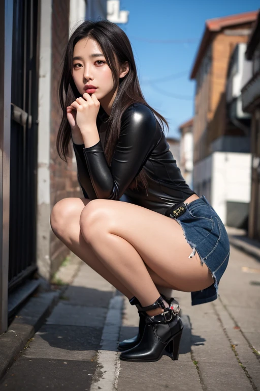 8k, highres, ultra detailed、best quality, masterpiece, high quality、portrait, photorealistic、1girl、from below、perfect anatomy、spread legs、detailed face、3D、beautiful face、eyelashes、(blush:1.5)、shiny skin、erotic sexy、dark skin, tanlines,、(full-length zipper fullopen partially unzipped)、((crosswalk:1.5))、side slit、zettai ryouiki,、Knee-high long boots、