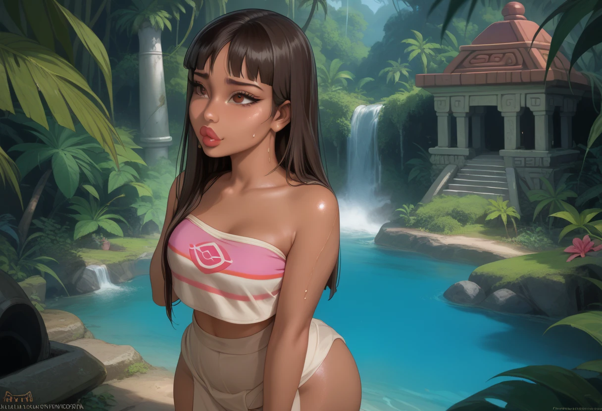 Beautiful latin american woman with tanned skin, freckles in her face, platinum blonde long hair, wearing a crop top, minishorts, big headphones, (1 Girl), (Full Body), Beautiful face, smiling, standing on a beach, holding a camera in her hand, (Sexy Pose), ((Perfect face)), ((hyper bronze skin)), ((tan skin)), natural light, beautiful lighting, beautiful colors, semi realistic style, ((Beautiful detailed eyes)), ((Beautifull detailed face)), ((high detail)), ((High Definition)), (Flat Colors), (Celshading), (Illustration style), ((Lineart)), ((Perfect Lines))