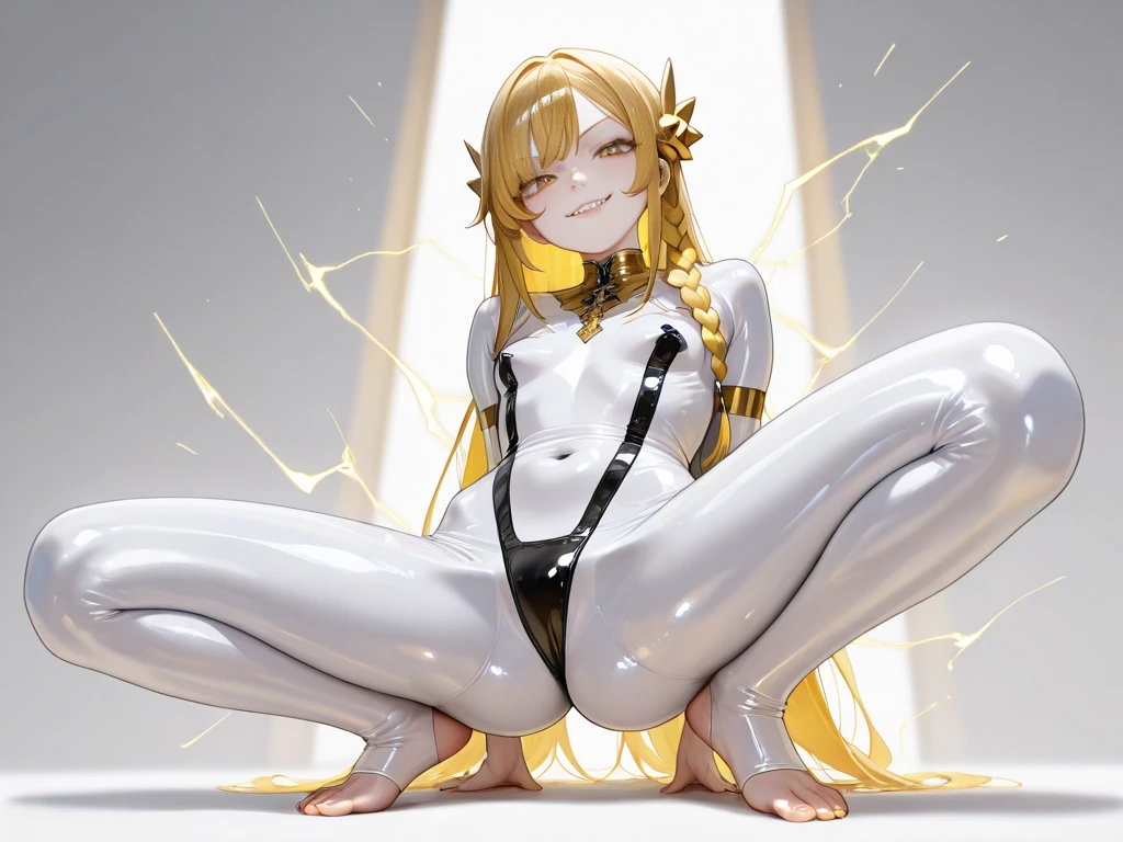 ((masterpiece,best quality anime,Highest quality:1.3)),realistic,cowboy shot,1woman,solo,(2 beauty),((very small head:1.4)),((very long body:1.4)),blonde hair,straight long hair,gorgeous big eyes,Blue eyes,pain、tears,((tan skin:1.3)),((slender body:1.4,skinny)),(Injury、mole:1.3)((Yellow leotard))、clavicle、shoulder, (white_thighhighs),medium breasts,gleaming skin,shiny skin,oily skin:1.3,sweat:1.5,(kneeling),arms up,Underground prison、Concrete wall、