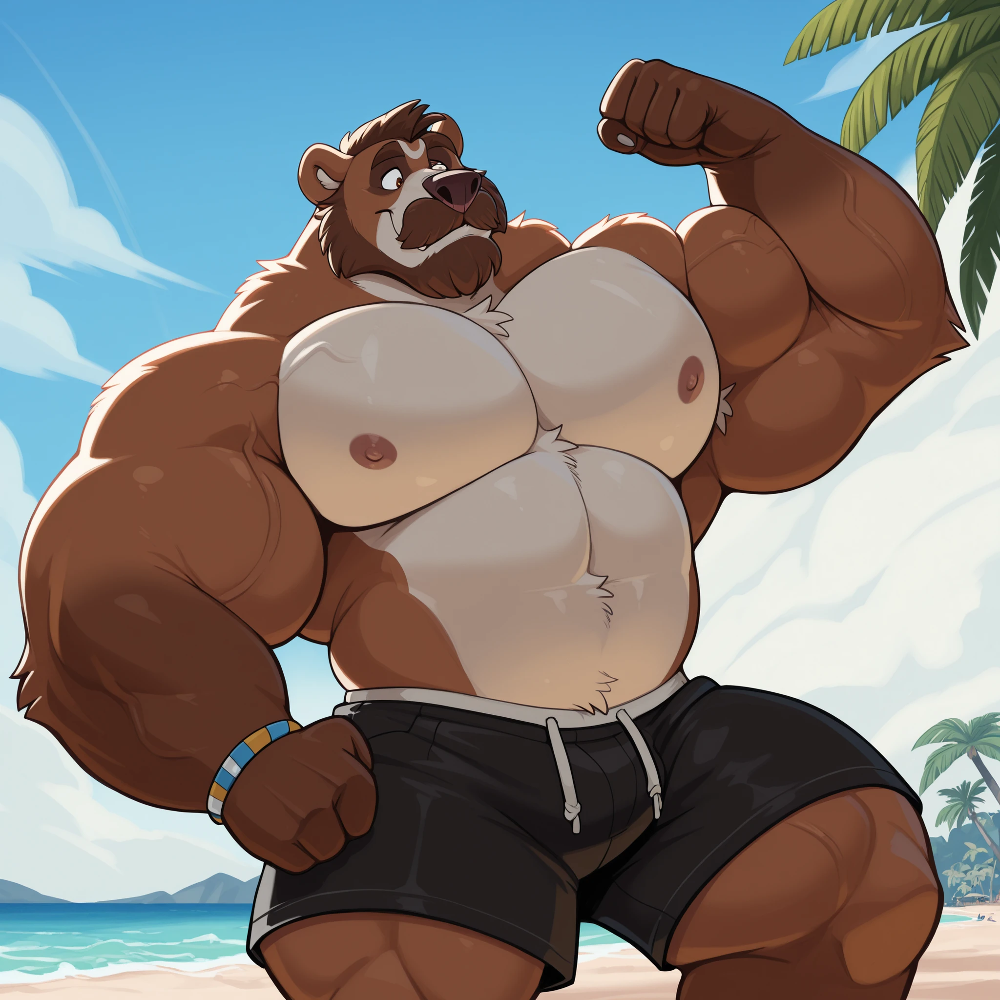 Chubby, furry,male , anthro bear, dark orange fur, cream fur, black hair, very plump, middle aged , mouth covered mustache,Thick beard, seductive , detailed , full body , tight tank top, lifted up, chest and belly exposed, naked, flaccid massive penis after cumming:1.45, bulge detailed, massive pecs:1.45, extremely hot and sexy, eye ls half closed, black pupils, eye contact, seductive, horny, hot, white tank top, speedo, sweaty, beach setting, afternoon, blue sky, hot temperature, day time, one arm raised, hairy armpit, by hyaku