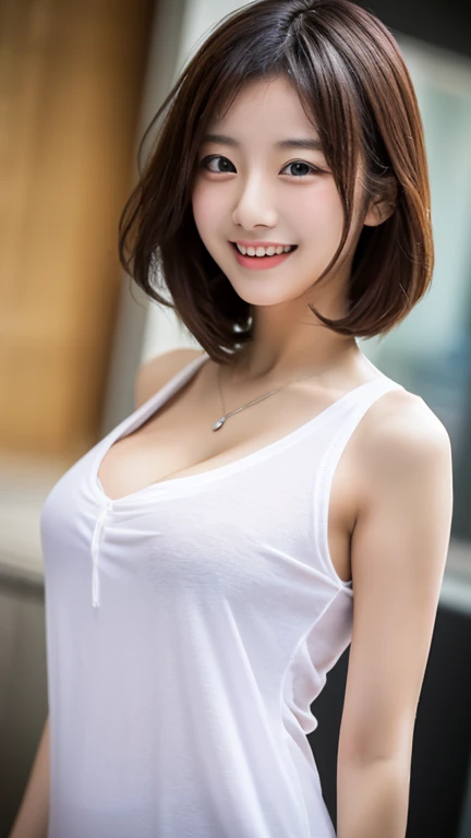 Photoreal、Masseter muscle part、highest quality、High resolution、RAW photo、realistic、bright lighting、face light、smooth professional lighting、japanese woman、Beautiful woman、modeled、gravure、sexy、super beautiful、realistic and beautiful skin、beautiful and detailed eyes、detailed face、slim、big breasts、cleavage、short hair、brunette colored hair、brown eyes、looking at camera、white tank top、pose for a photo、mini skirt